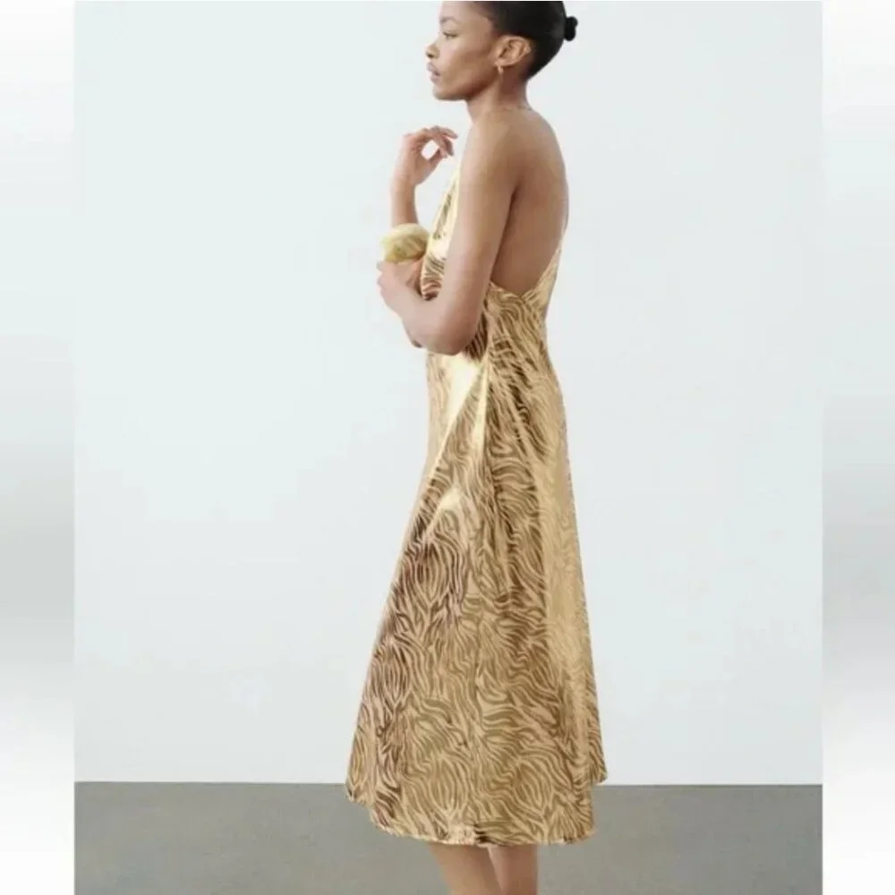Zara Foil Animal Print Halter Midi Dress